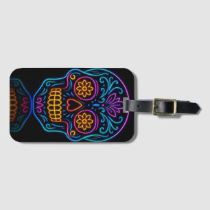 Black, neon sugar skull/day of the dead welcome luggage tag