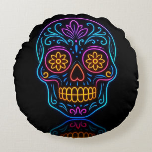 Black, neon sugar skull/day of the dead welcome round pillow