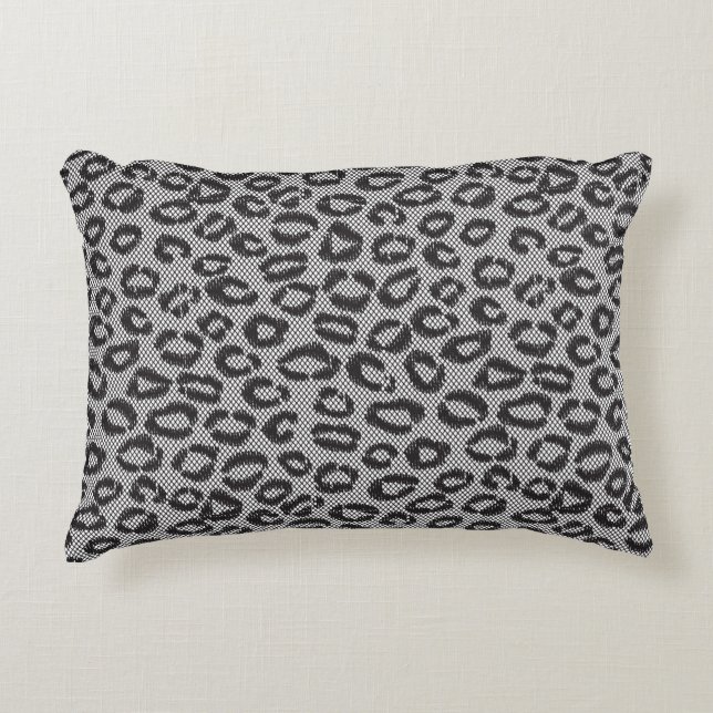 Black net lace with leopard pattern on white accent pillow (Front)