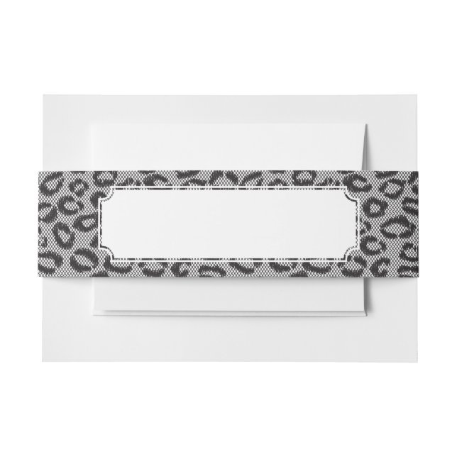 Black net lace with leopard pattern on white invitation belly band (Front Example)