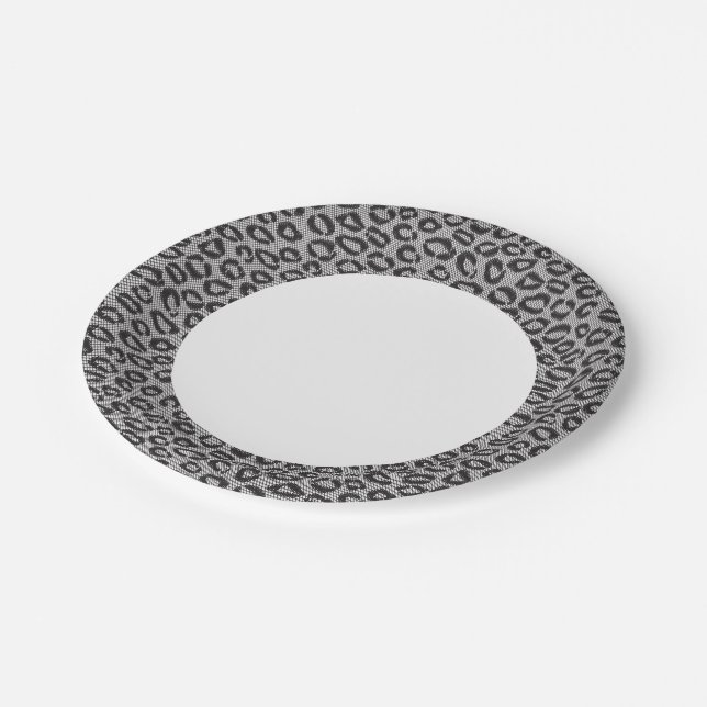 Black net lace with leopard pattern on white paper plate (Angled)