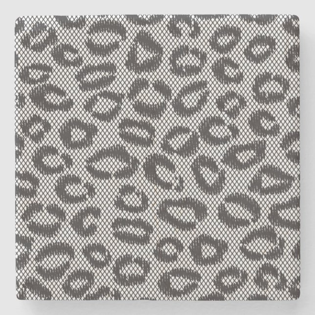 Black net lace with leopard pattern on white stone coaster (Front)