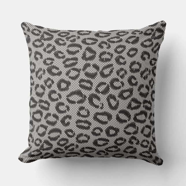Black net lace with leopard pattern on white throw pillow (Front)