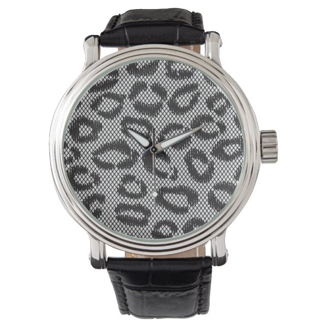 Black net lace with leopard pattern on white watch (Front)