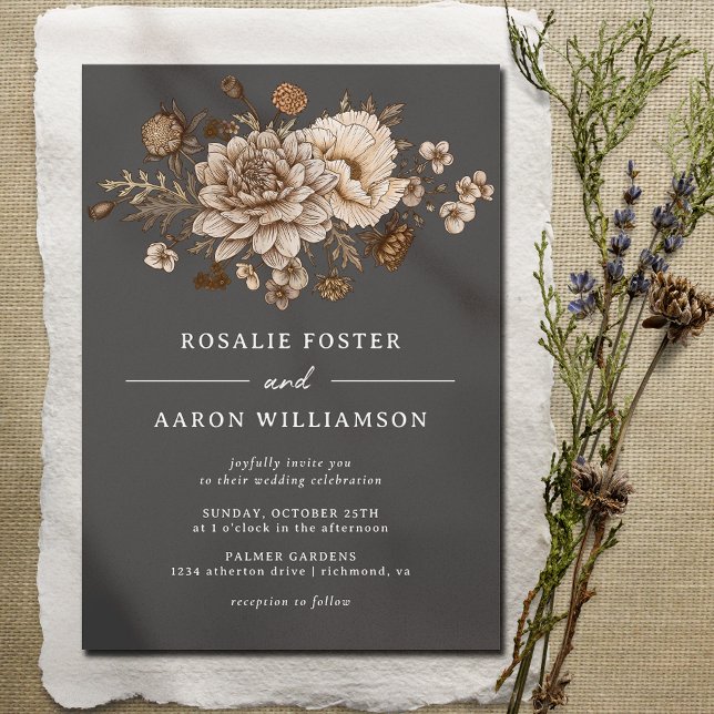 Black & Neutral Floral | Dark Moody Boho Wedding Invitation (Creator Uploaded)