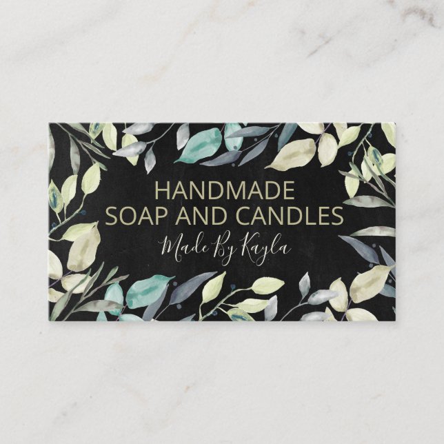Black Neutral Greenery Handmade Soap And Candles Business Card (Front)