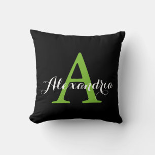 Black Neutral Solid Colour Bright Green Monogram Throw Pillow