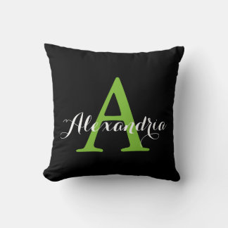 Black Neutral Solid Colour Bright Green Monogram Throw Pillow
