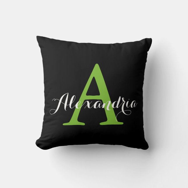 Black Neutral Solid Colour Bright Green Monogram Throw Pillow (Front)