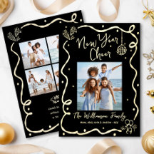 Black New Year Cheer 5 Photo Hand Drawn Real Gold