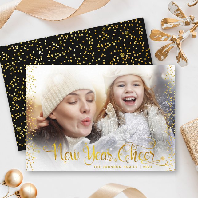 Black New Year Cheer Gold Glitter Photo Modern Holiday Card (Creator Uploaded)