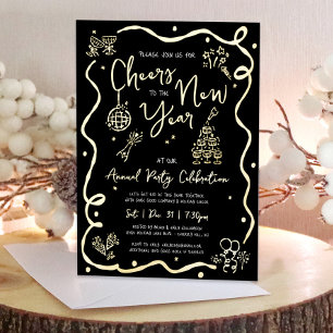 Black New Year Cheer Hand Drawn Party Real Gold