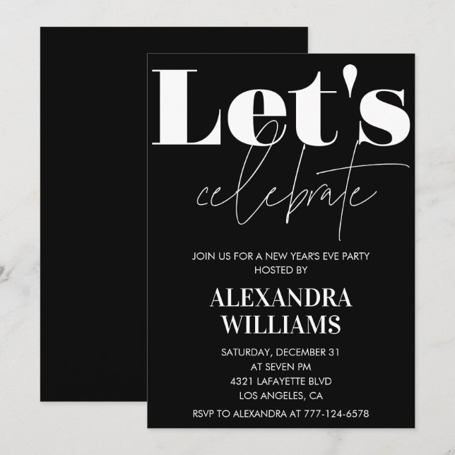 Black New year's eve invitation Let's celebrate (Front/Back)