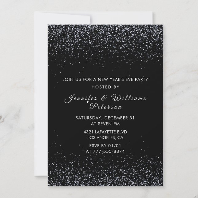 Black New year's eve invitation Silver Glitter (Front)