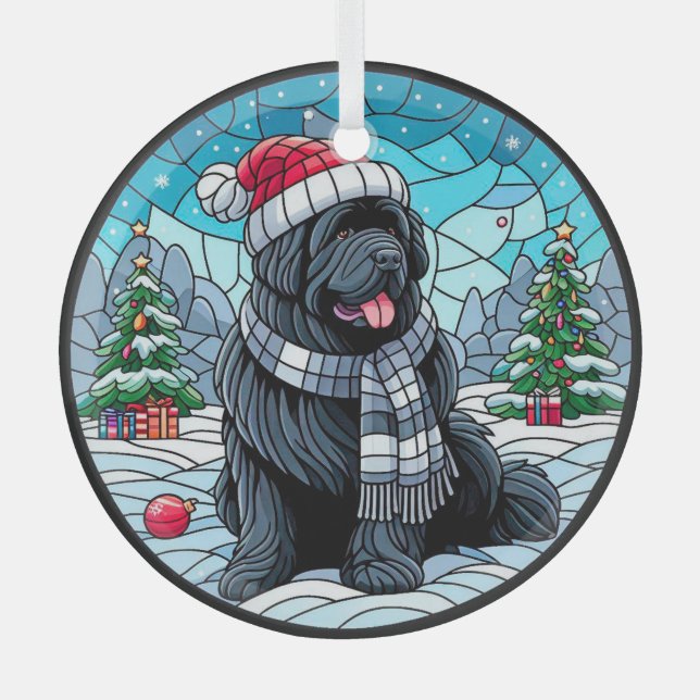 Black Newf with Santa Hat Stained Glass Style  Glass Ornament (Front)