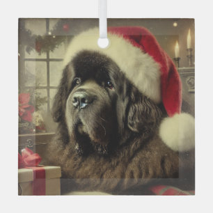 Black Newfie in a Santa Hat Christmas  Glass Ornament