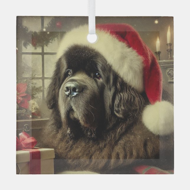 Black Newfie in a Santa Hat Christmas  Glass Ornament (Front)