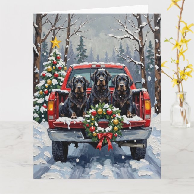 Black Newfoundland Christmas Red Truck Holiday Card (Yellow Flower)