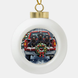 Black Newfoundland Christmas Red Truck Holiday Ceramic Ball Christmas Ornament