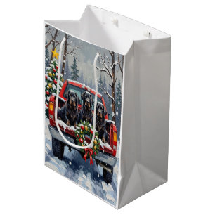 Black Newfoundland Christmas Red Truck Holiday Medium Gift Bag