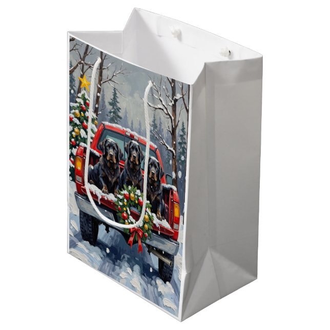 Black Newfoundland Christmas Red Truck Holiday Medium Gift Bag (Front Angled)