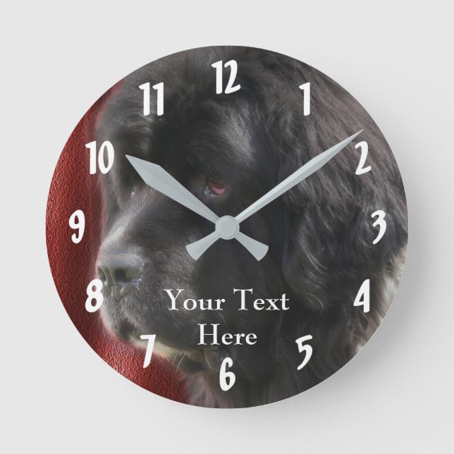 Black Newfoundland Dog Face Personalized Round Clock (Front)