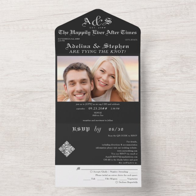 Black Newspaper Happily Ever After QR Code Wedding All In One Invitation (Inside)