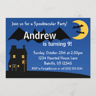 Black Night Bat and Moon Halloween Party Invite