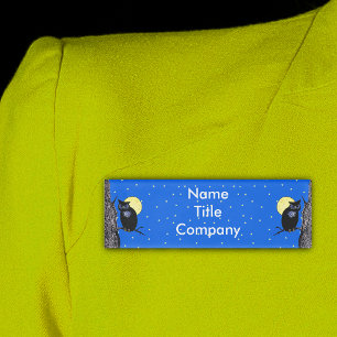 Black Night Owl Illustration Yellow Moon Stars Name Tag