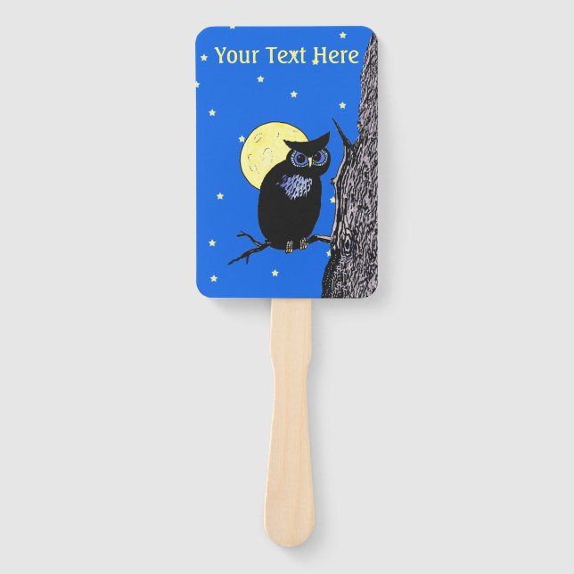 Black Night Owl in Tree Yellow Moon Stars Hand Fan (Front)