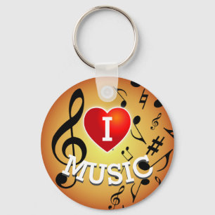 (BLACK NOTES on Gold) I Love (Heart) Music Keychain