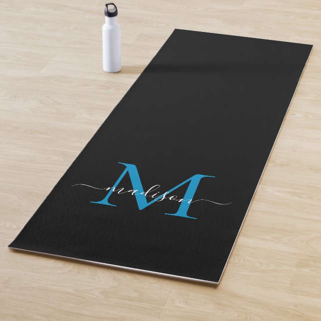 Black Ocean Blue Monogram Elegant Feminine Yoga Mat (In Situ)