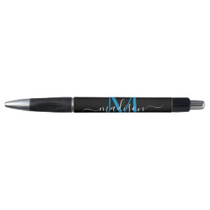 Black Ocean Blue Monogram Script Name Stylish Pen