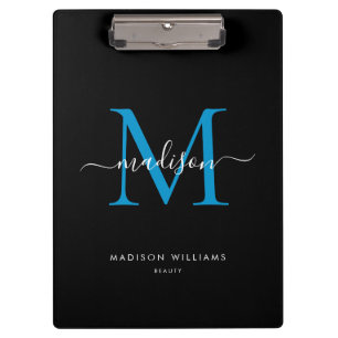 Black Ocean Blue Monogram Stylish Script Name Clipboard