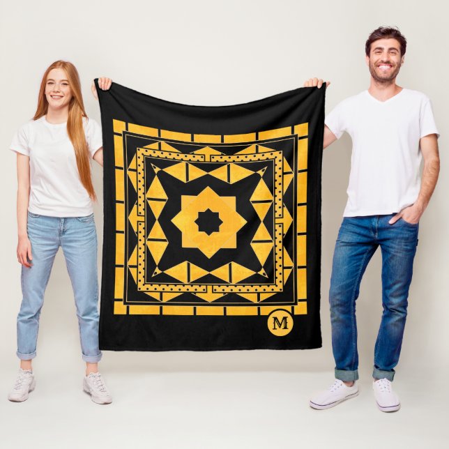 Black Ocher Pattern Monogram Fleece Blanket (In Situ)