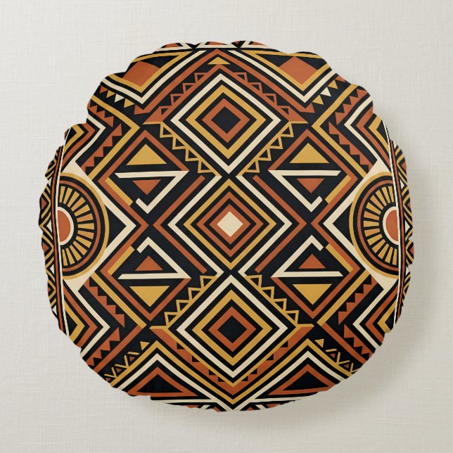 Black Ochre Boho Abstract Surface Pattern Round Pillow (Front)