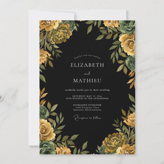 Black Ochre Ranunculus Eucalyptus Wedding Invitation (Front)