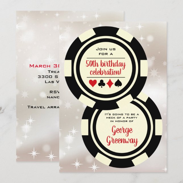 Black Off White Poker Chip Las Vegas Birthday Invitation (Front/Back)