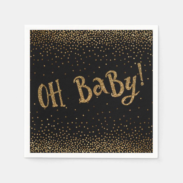Black "Oh Baby!" Gold Glitter Confetti Baby Shower Napkin (Front)