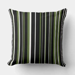 Black, Olive Green, and White Barcode Stripe Throw Pillow