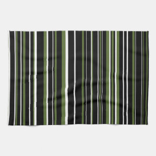 Black, Olive Green, White Barcode Stripe Kitchen Towel