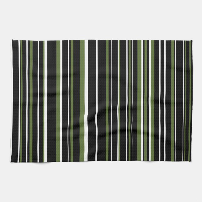 Black, Olive Green, White Barcode Stripe Kitchen Towel (Horizontal)