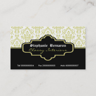 Black olive green white damask interiors business card