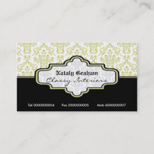 Black olive green white damask interiors business card