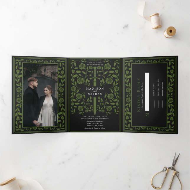 Black Olive Royal Medieval Sword Wedding  Tri-Fold Invitation (Inside)