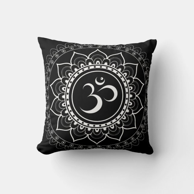 Black Om Mandala Throw Pillow (Front)