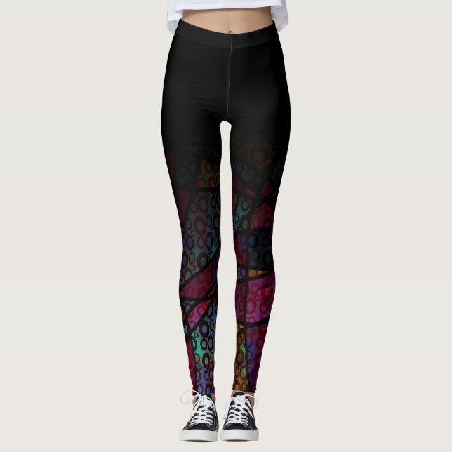 Black Ombre Over Colourful Line & Circle Abstract Leggings (Front)