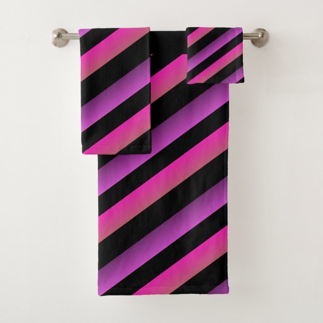 Black Ombre Rainbow Stripes Hot Pink Purple Bath Towel Set (Insitu)