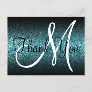 Black Ombre Teal Glitter Monogram Thank You Postcard