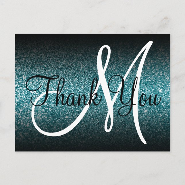Black Ombre Teal Glitter Monogram Thank You Postcard (Front)